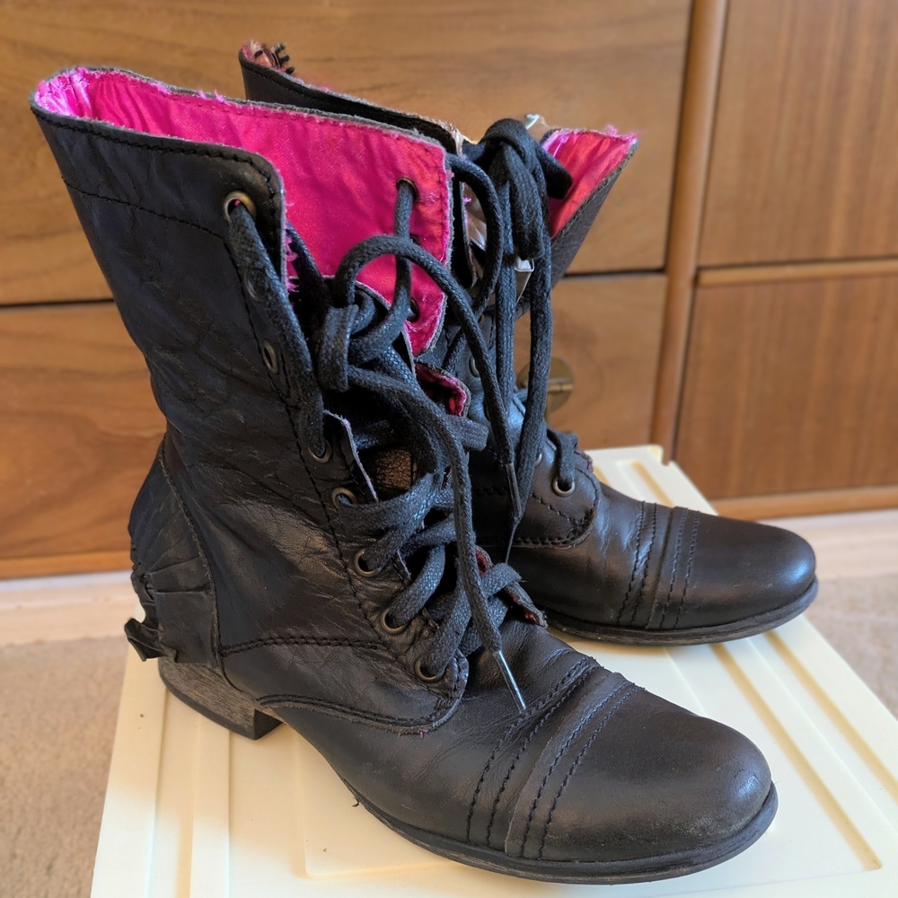 Betsey Johnson Black Lace-Up Boots with Neon Pink Interior